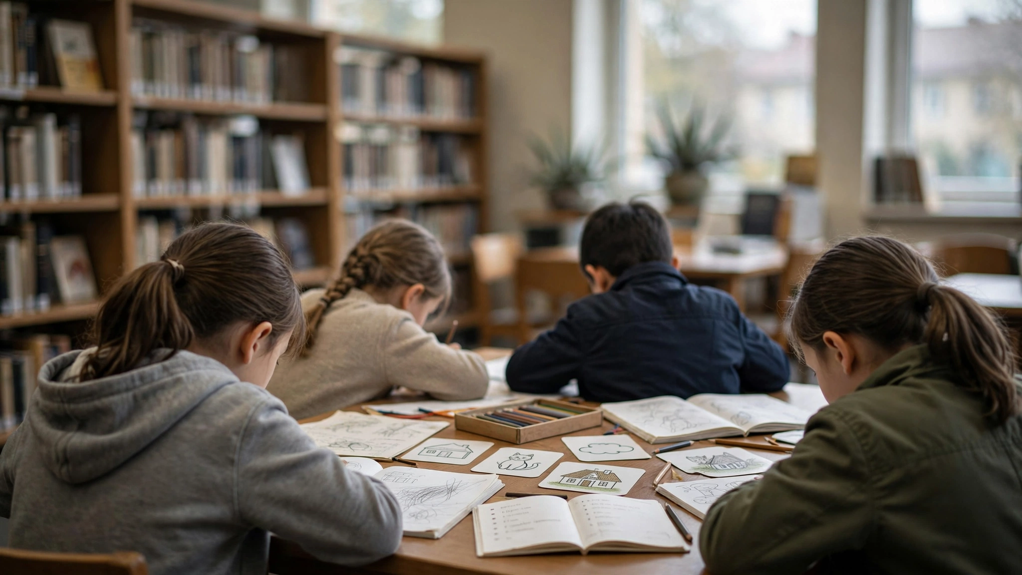 Dzieci podczas zajęć z gwary śląskiej w czytelni biblioteki w Bytomiu