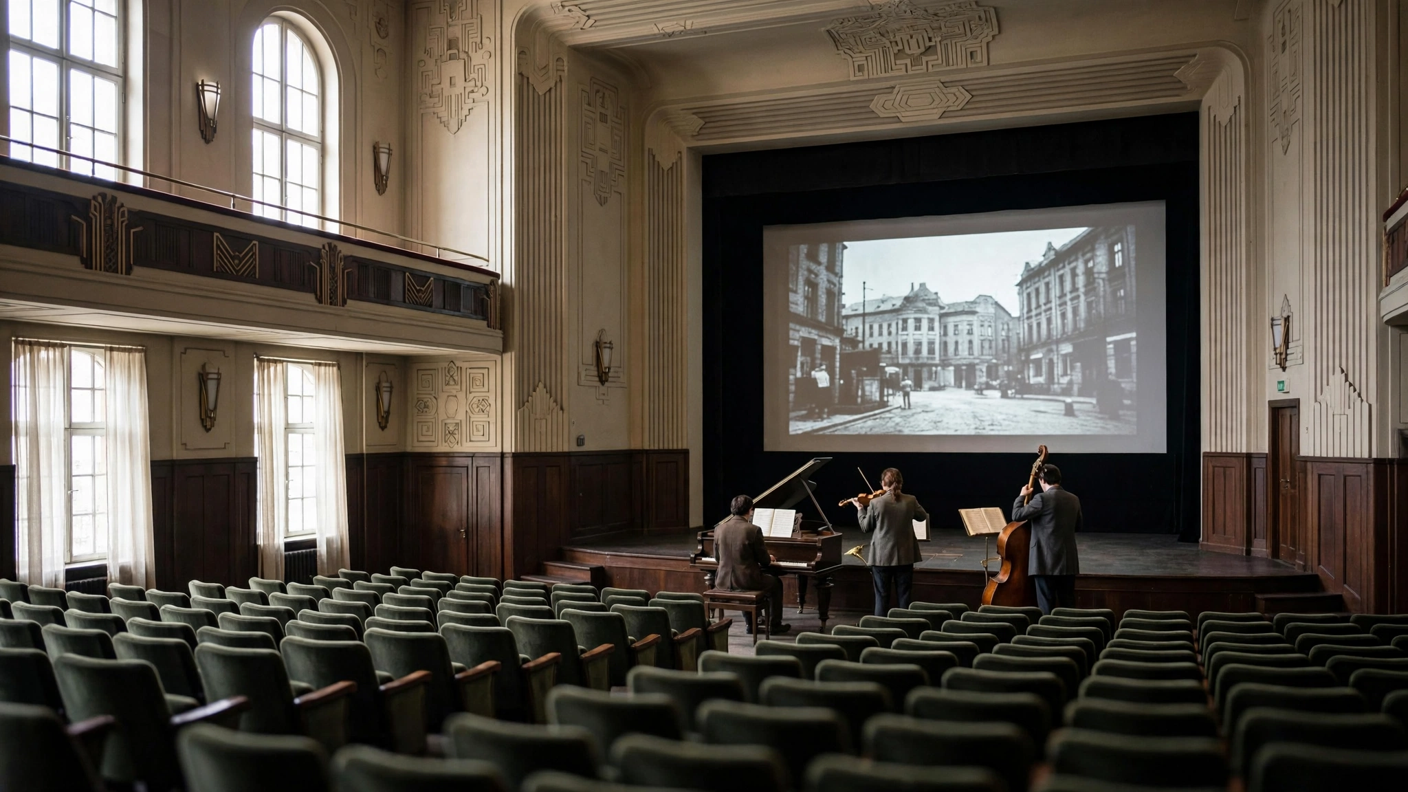 Wnętrze kinoteatru Rialto w Katowicach podczas pokazu filmu niemego z muzykami grającymi na żywo przed ekranem