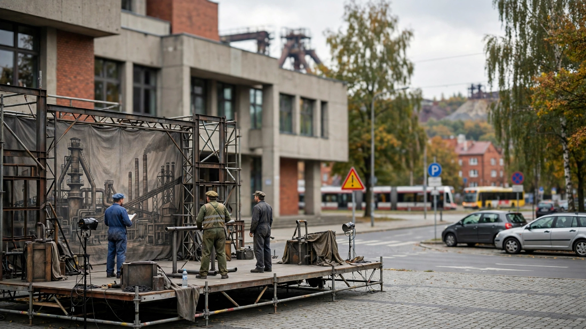 Scena z prób spektaklu „Gorączka żelaza” w Pałacu Kultury Zagłębia – aktorzy w strojach robotników na tle scenografii nawiązującej do budowy huty