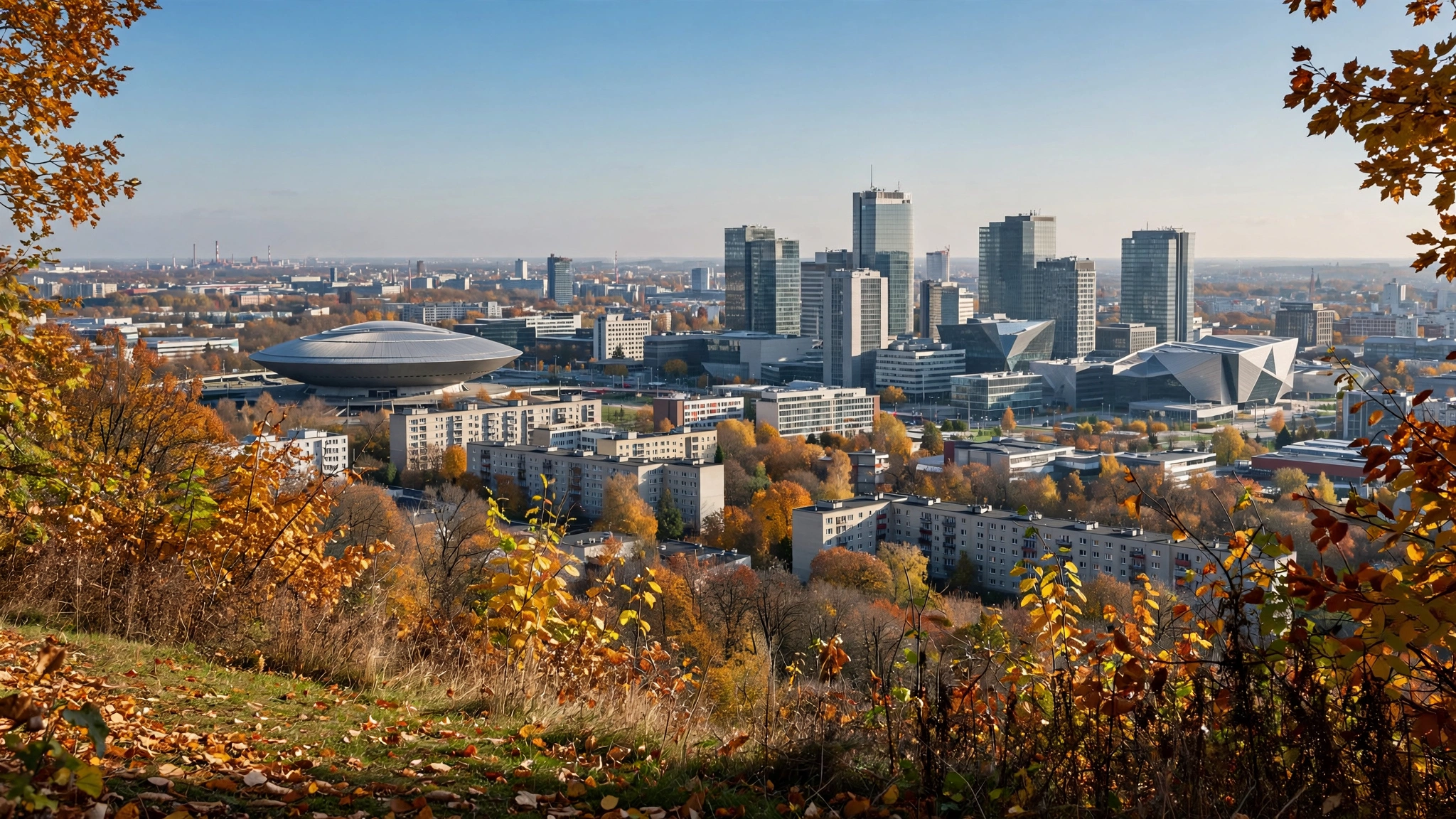 Słoneczne niebo nad panoramą Katowic w jesienny dzień