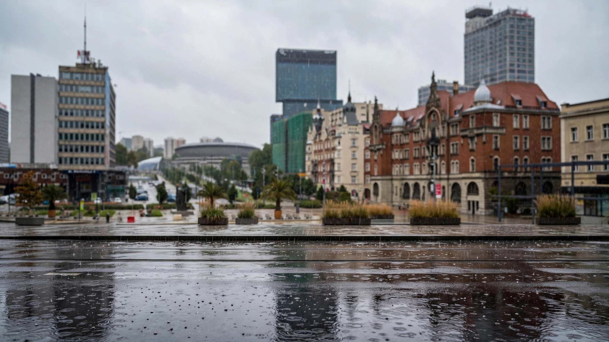 Zachmurzone niebo nad centrum Katowic w deszczowy wrześniowy dzień