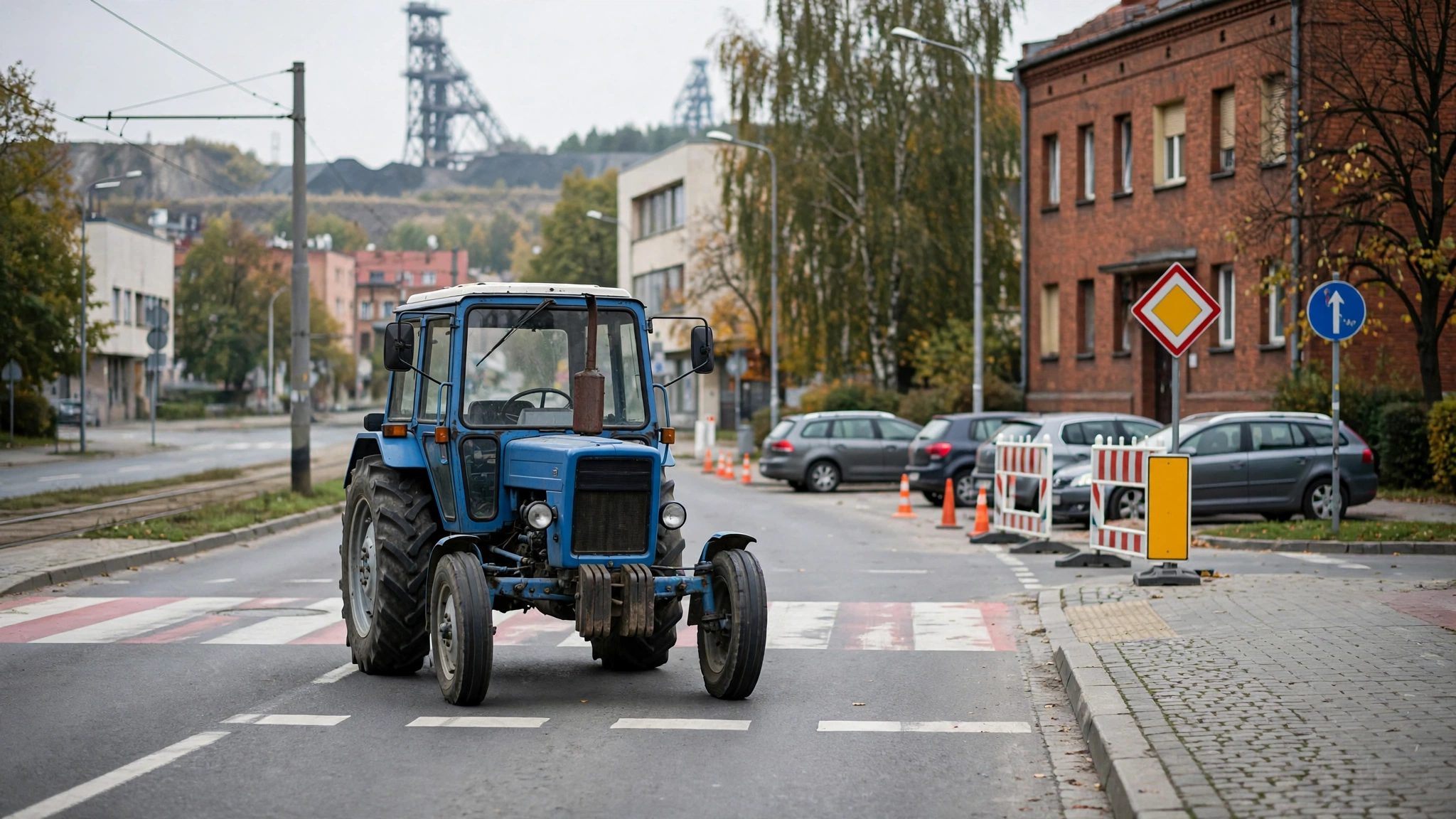 Ciągnik Ursus na drodze w Ostropie w Gliwicach