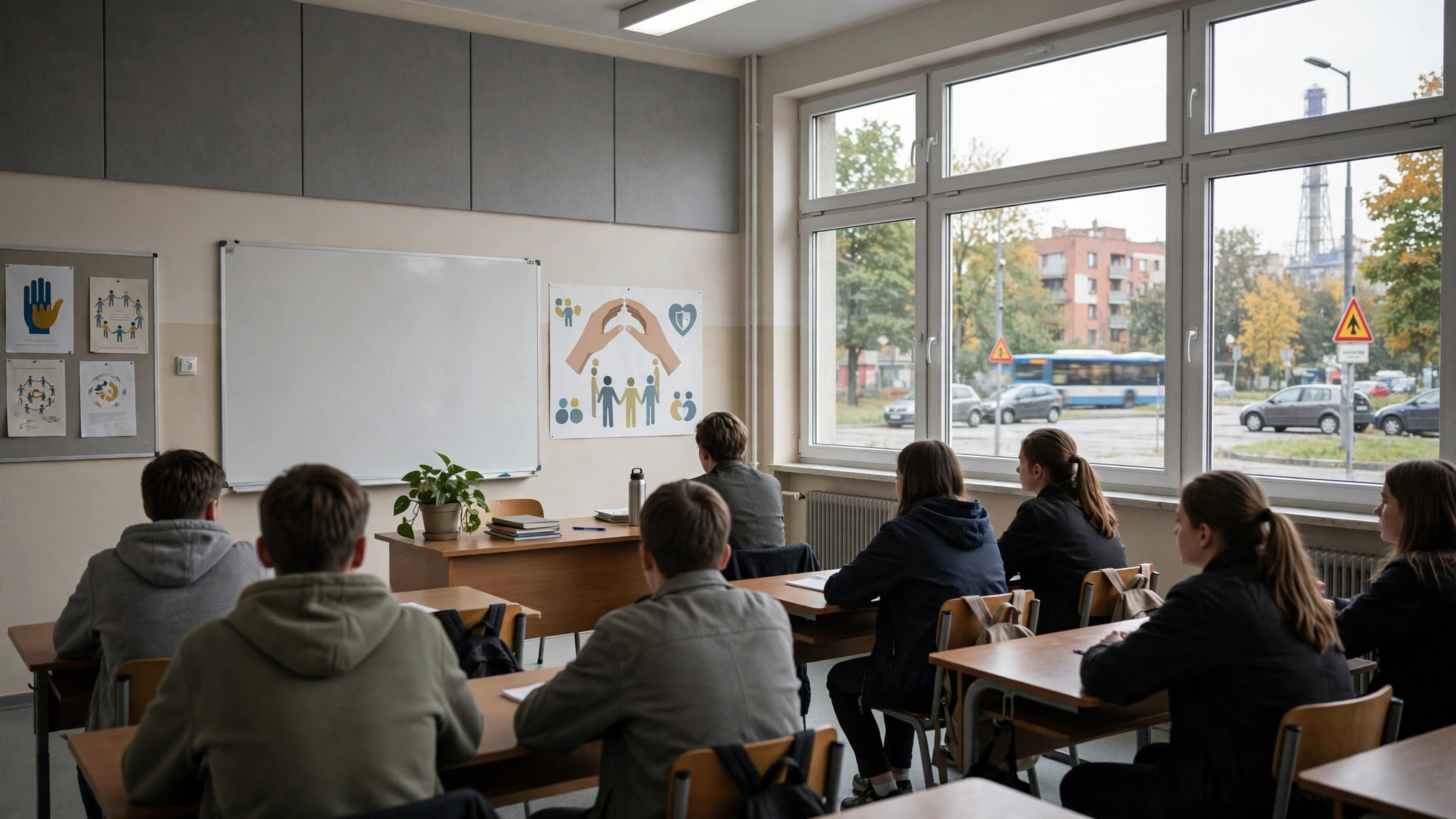 Uczniowie w klasie podczas zajęć poświęconych przeciwdziałaniu przemocy rówieśniczej