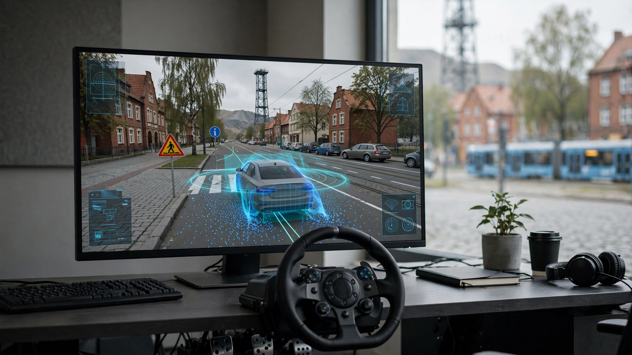 Symulator wyścigowy na ekranie komputera podczas testów autonomicznego samochodu sterowanego przez AI